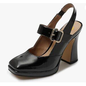 FYS Black Platform Square Toe Pumps Chunky High Heel Mary Janes Slingback Shoes